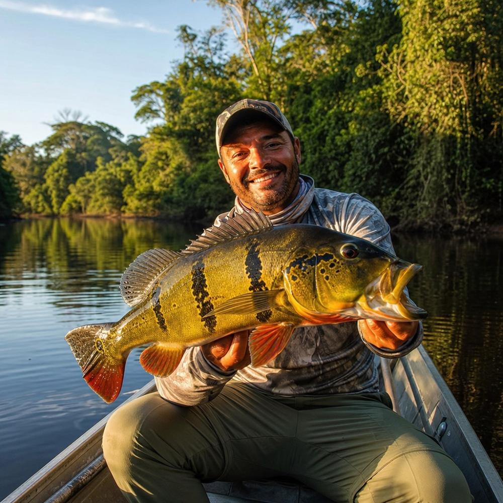 Pescador em canoa fisgando tucunaré em rio da Amazônia cercado por floresta tropical