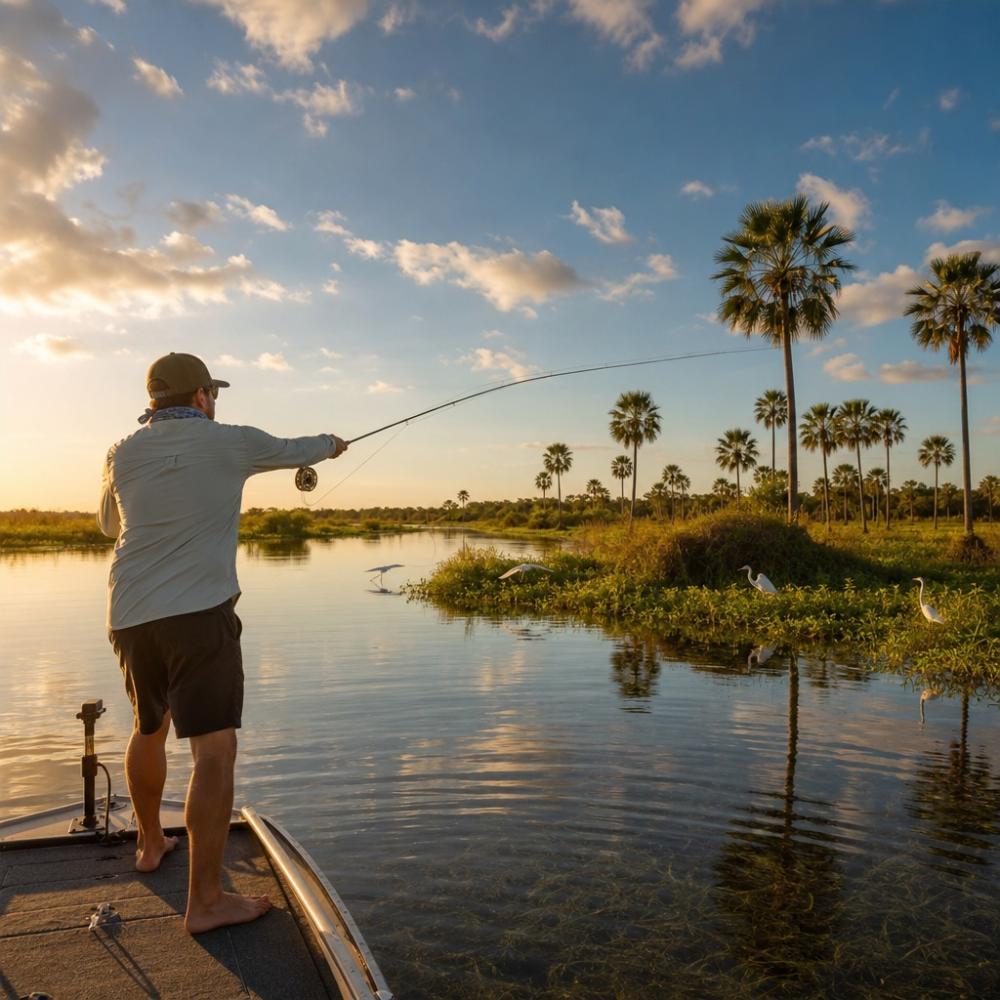 Pescador esportivo em barco no Pantanal com rio largo e vegetação típica ao fundo