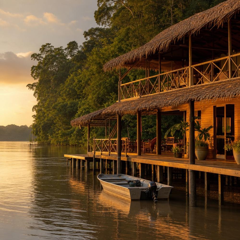 Lodge de pesca esportiva na Amazônia com estrutura de madeira às margens do rio, cercado por floresta tropical