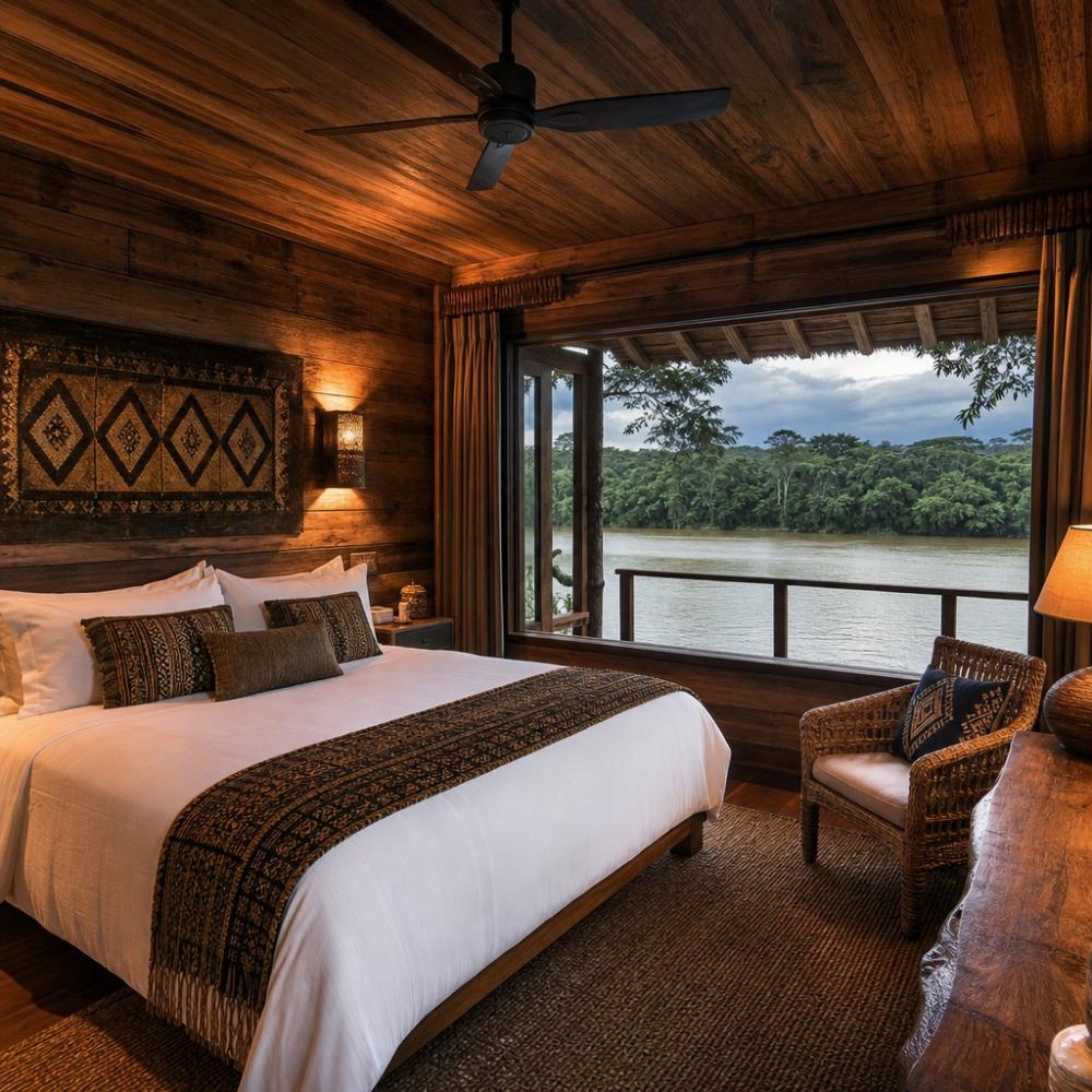 Interior confortável de um lodge de pesca esportiva na Amazônia, com quarto amplo e vista para o rio