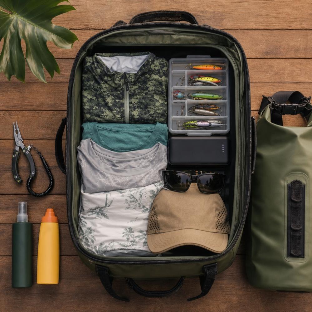 Mala aberta com equipamentos de pesca esportiva organizados para viagem, incluindo roupas, iscas, varas e itens de proteção pessoal