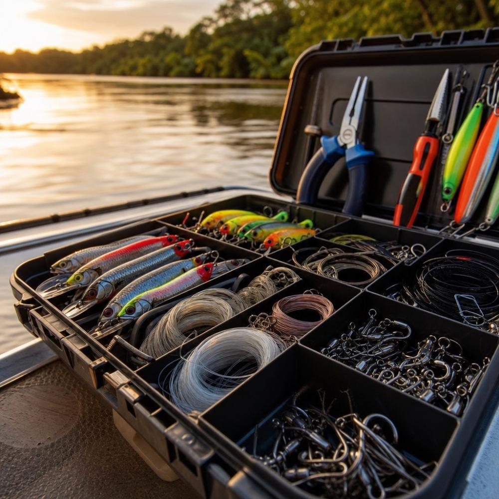 Caixa de pesca organizada com iscas artificiais, alicates, linhas e acessórios prontos para viagem de pesca esportiva