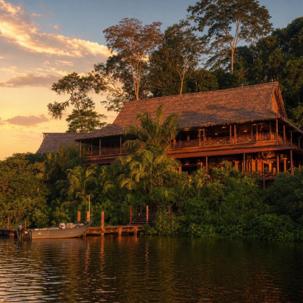 Lodge de pesca esportiva premium na Amazônia com estrutura completa à beira do rio