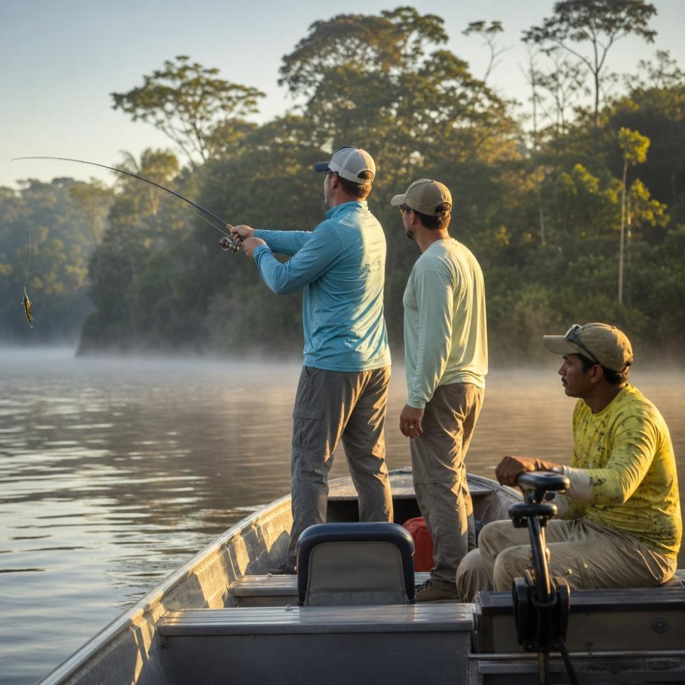 Pescador esportivo em barco de alumínio durante manhã de pesca na Amazônia com guia local
