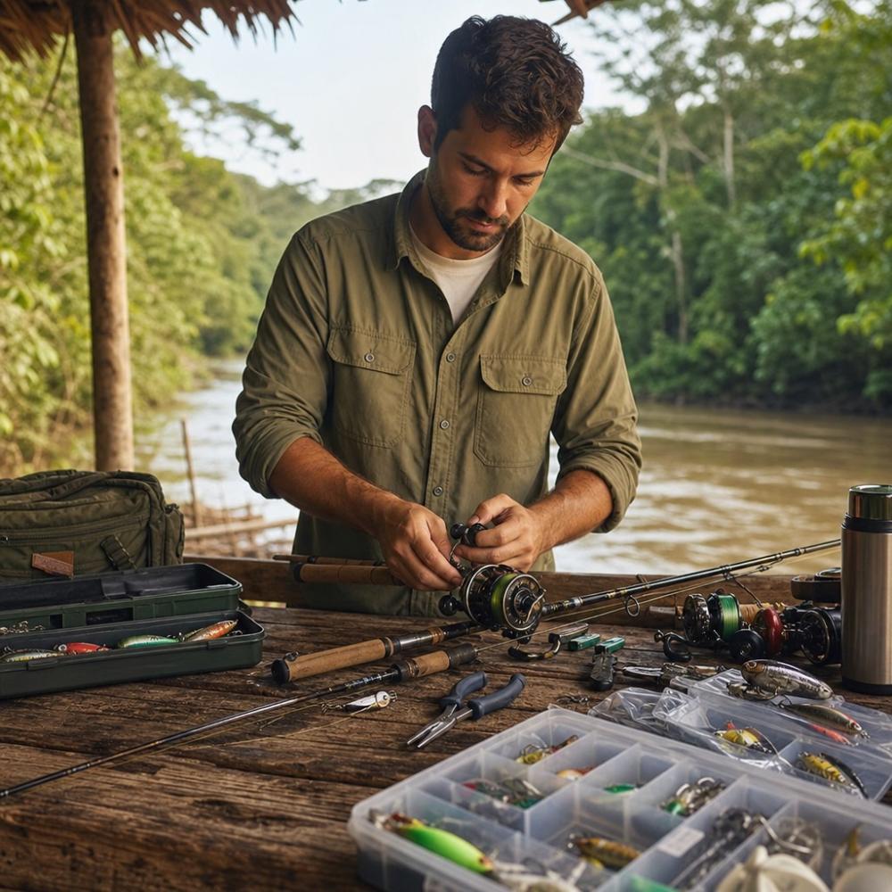 Pescador iniciante organizando equipamentos de pesca esportiva sobre uma mesa de madeira