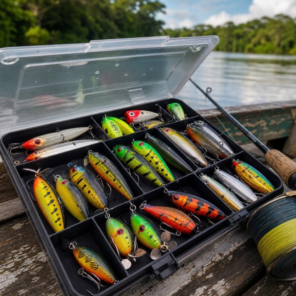 Caixa de iscas artificiais organizadas para pesca esportiva de tucunaré, com plugs de superfície e meia-água