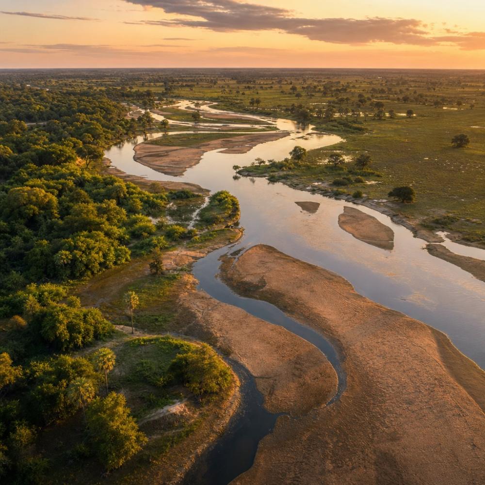 Paisagem do Pantanal durante a seca com rio de águas baixas e vegetação ao redor