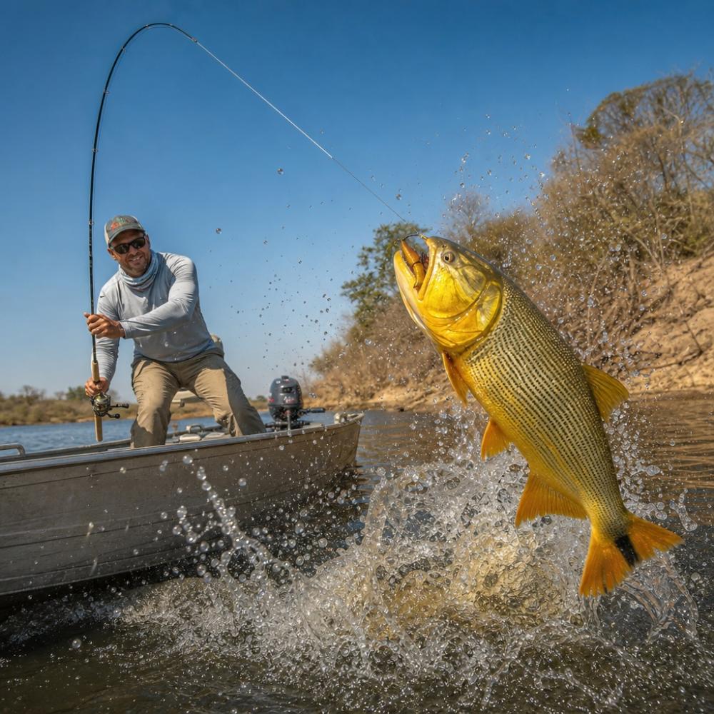 Pescador esportivo fisgando um dourado no rio do Pantanal durante a temporada seca
