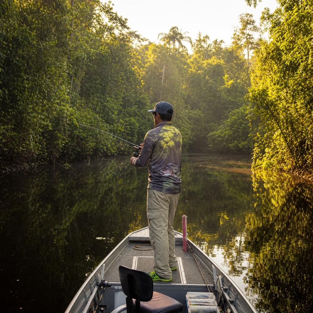 Pescador em um barco de alumínio em rio de águas escuras na Amazônia, com floresta tropical densa ao fundo e céu azul
