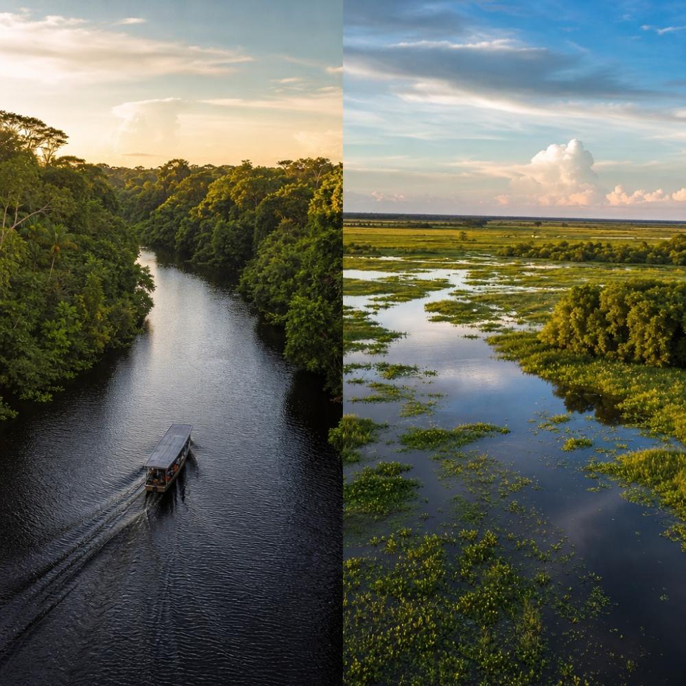 Colagem comparativa mostrando um rio de águas escuras na Amazônia ao lado de uma paisagem aberta do Pantanal com vegetação alagada