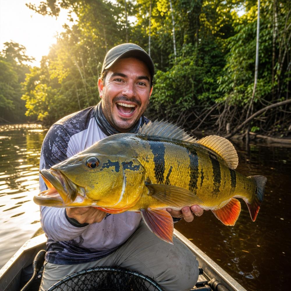 Pescador fisgando um tucunaré-açu em rio amazônico cercado por floresta preservada