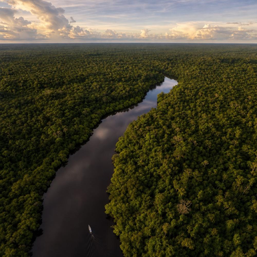 Vista aérea de rio amazônico com águas escuras cercado por floresta densa, cenário típico de pesca de tucunaré