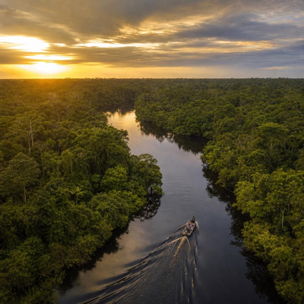 Vista aérea de rio amazônico com floresta densa nas margens e barco de pesca esportiva navegando em águas escuras