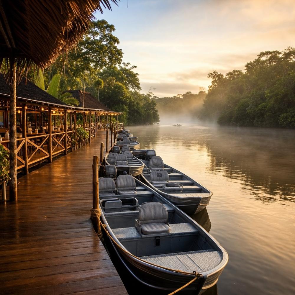 Lodge de pesca esportiva na Amazônia com deck sobre o rio e barcos de alumínio preparados para a pescaria