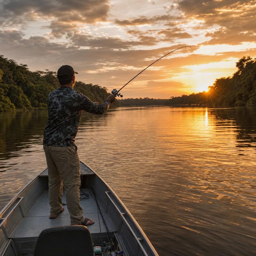 Pescador em barco de alumínio no rio amazônico com floresta tropical ao fundo durante o pôr do sol