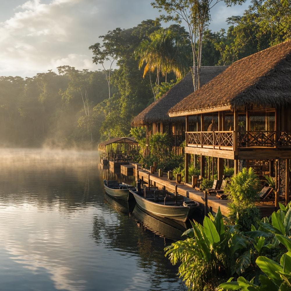 Lodge de pesca esportiva na Amazônia com estrutura de madeira à beira do rio cercado por floresta tropical