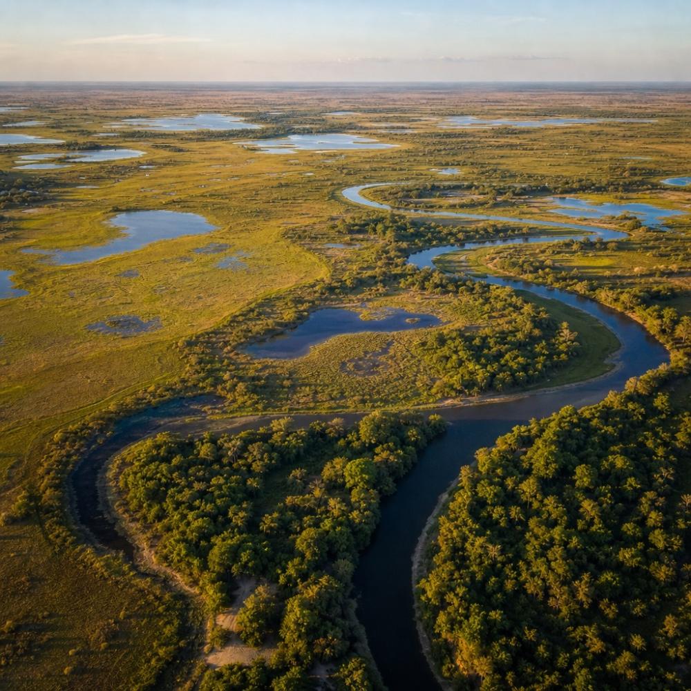 Vista aérea do Pantanal com rios sinuosos, vegetação verde e áreas alagadas típicas da planície pantaneira