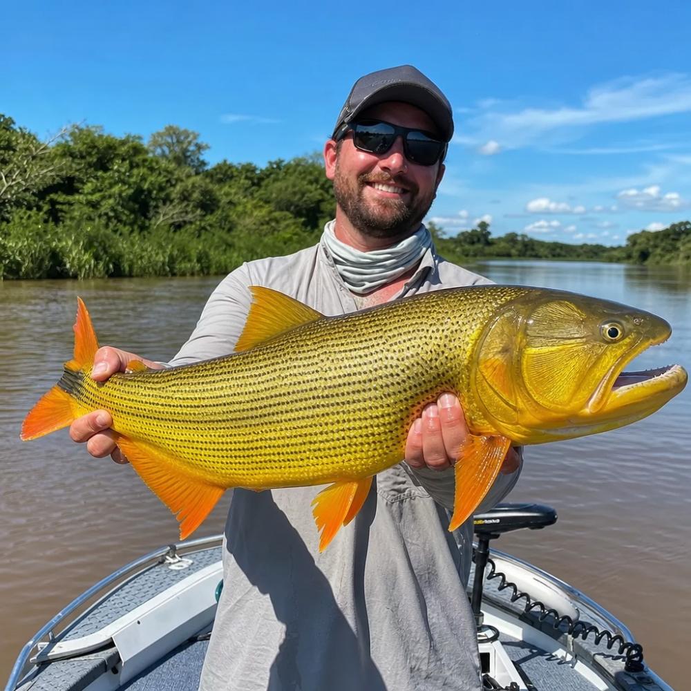 Pescador segurando um dourado capturado no Pantanal, com rio e vegetação ribeirinha ao fundo