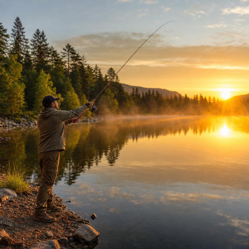 Pescador iniciante praticando arremesso em lago calmo durante o amanhecer