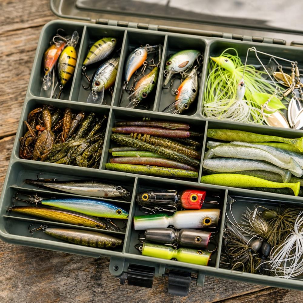 Seleção de iscas artificiais coloridas organizadas em caixa de pesca sobre mesa de madeira