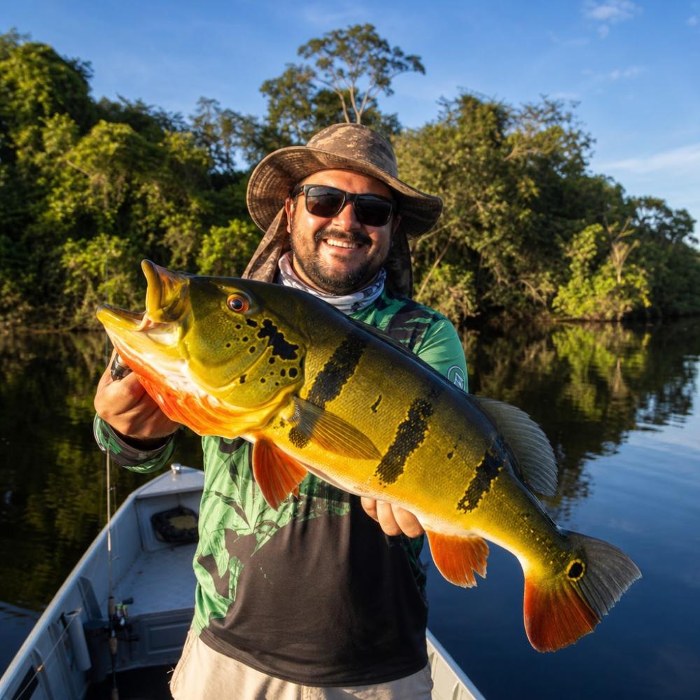 Pescador segurando um tucunaré-açu capturado em rio amazônico com vegetação ao fundo