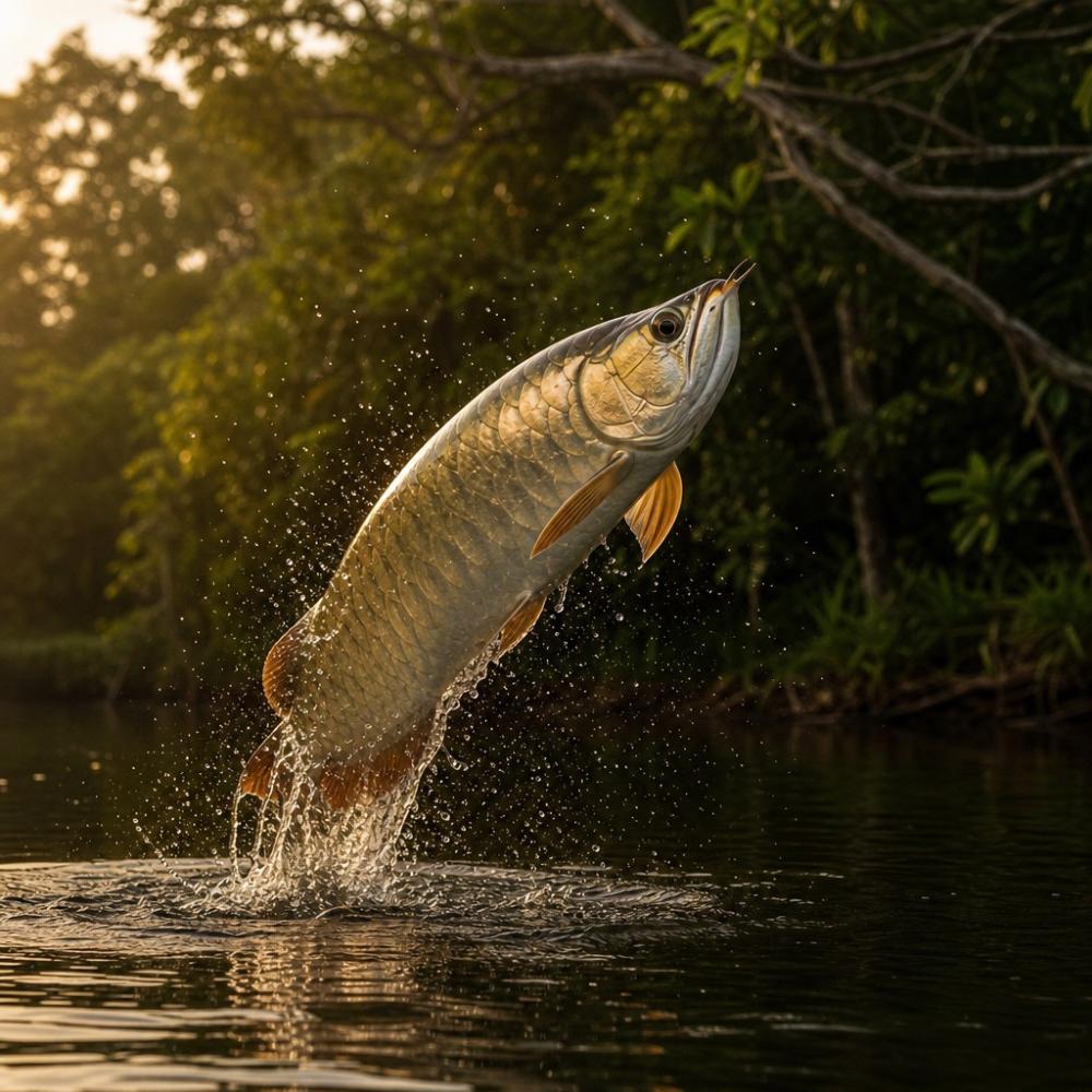 Aruanã saltando fora da água em lago amazônico durante pescaria esportiva
