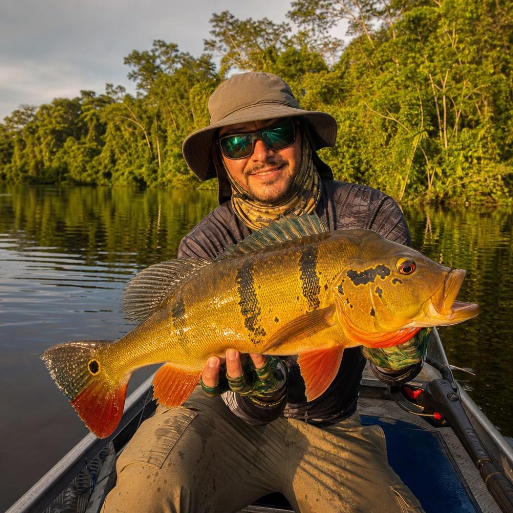 Pescador segurando um tucunaré-açu capturado durante a estação seca em um rio da Amazônia