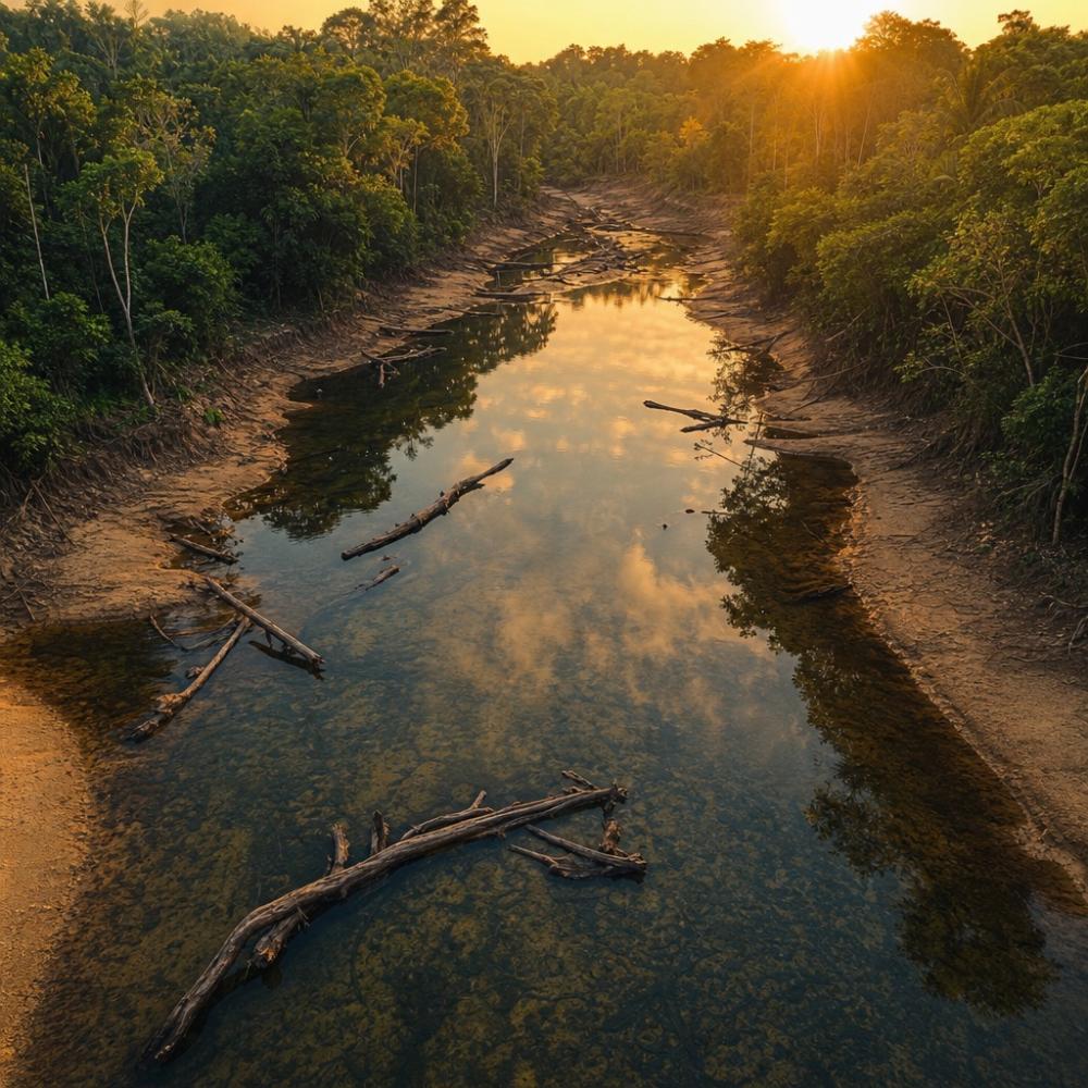 Rio amazônico com água baixa e cristalina durante o pico da estação seca, mostrando estruturas submersas ideais para a pesca de tucunaré