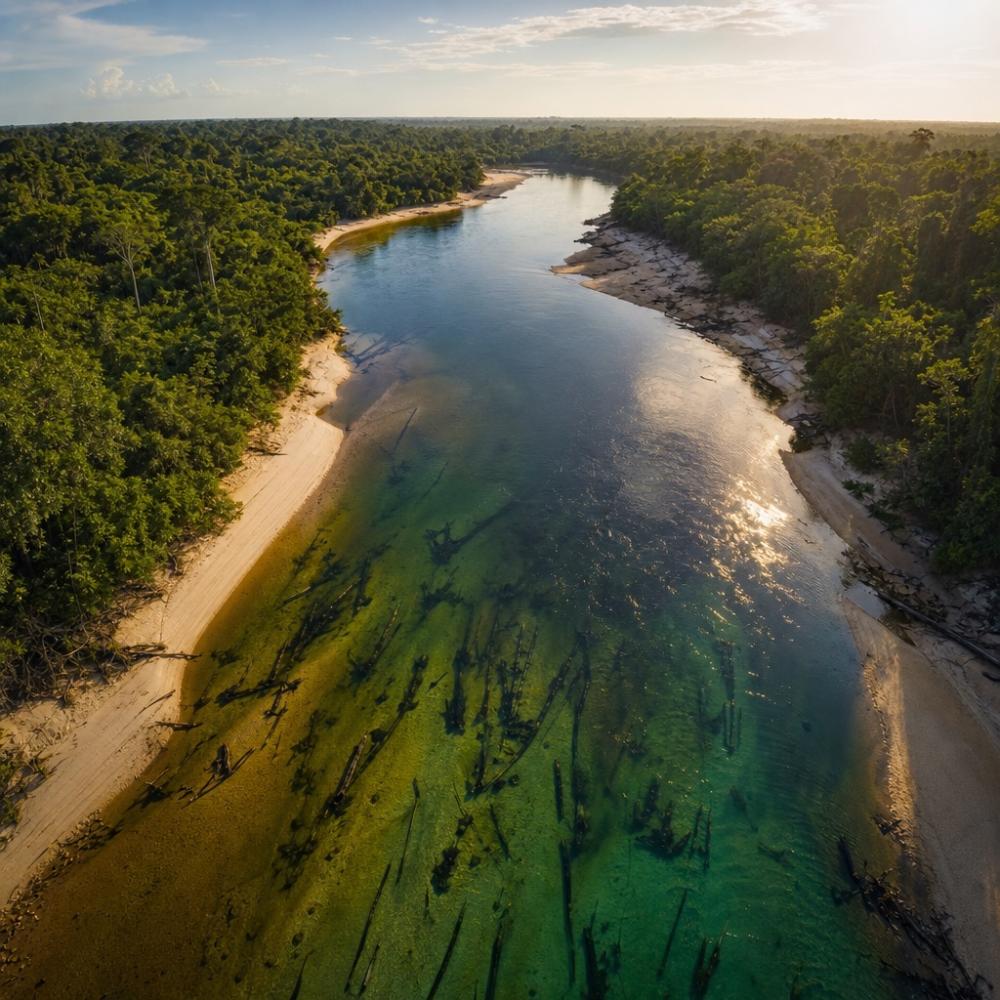 Rio amazônico com nível baixo durante a seca, revelando praias fluviais e vegetação ribeirinha