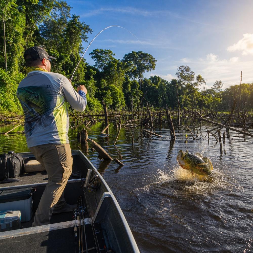 Pescador fisgando um tucunaré em rio amazônico de águas baixas durante a temporada de seca