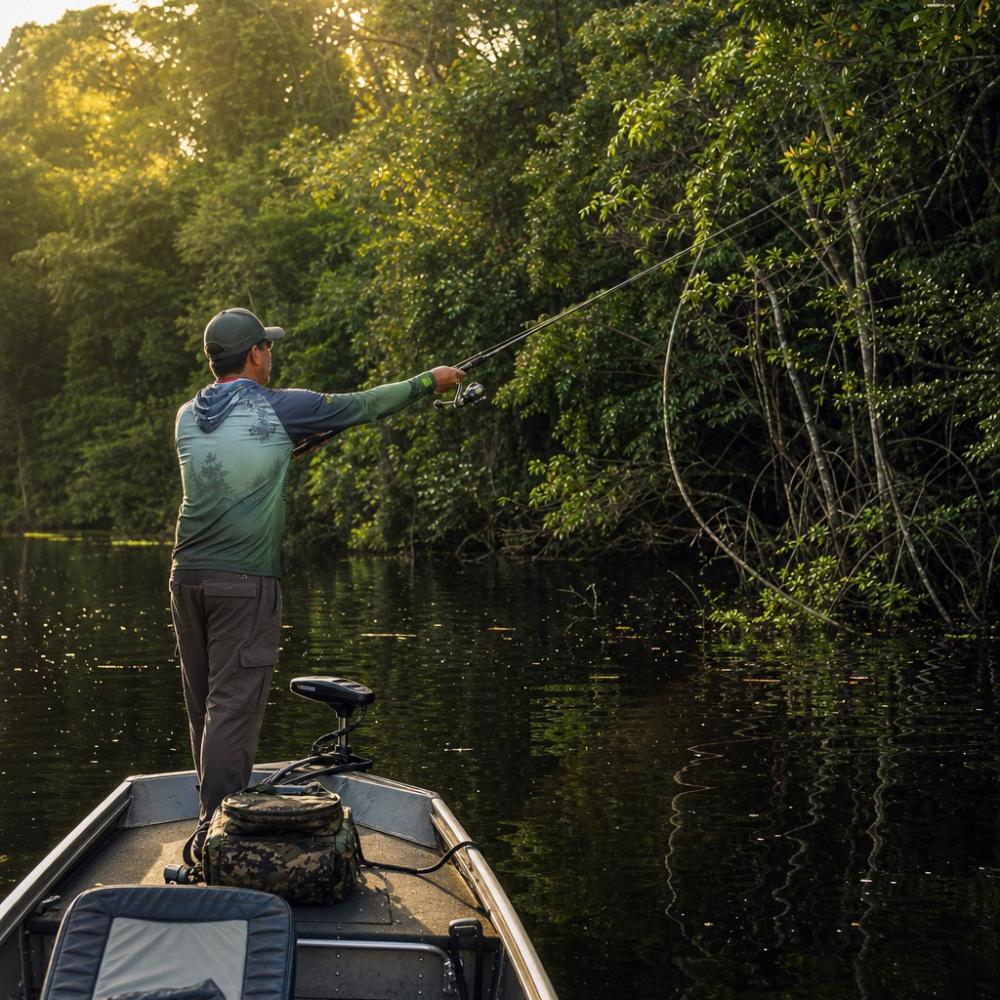 Pescador em barco de alumínio pescando tucunaré em rio da Amazônia com floresta tropical ao fundo