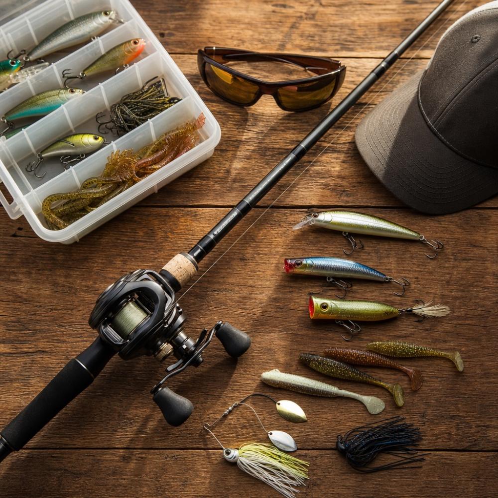 Equipamentos de pesca esportiva organizados sobre mesa de madeira, incluindo vara, carretilha, iscas artificiais e caixa de pesca