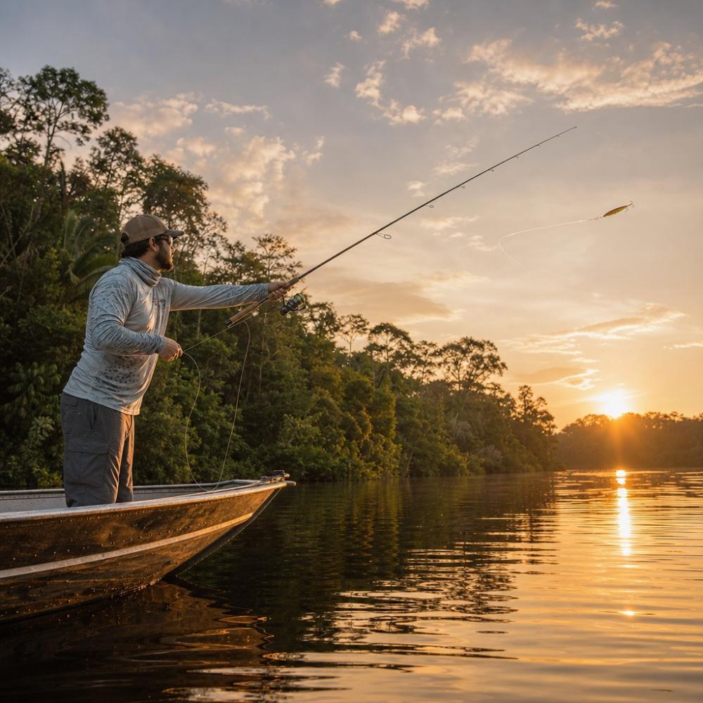 Pescador esportivo arremessando isca artificial em rio amazônico ao amanhecer