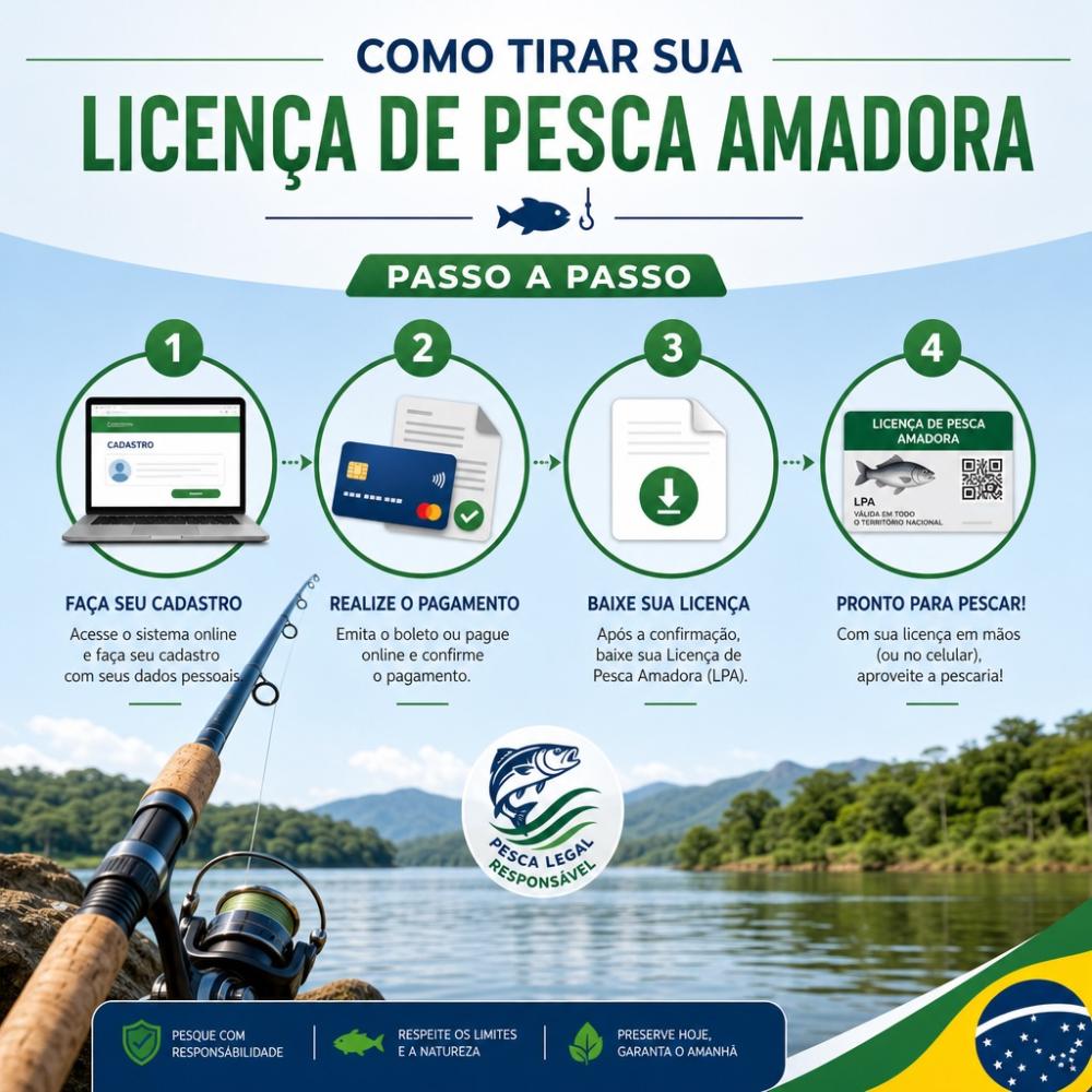 Infográfico com passo a passo para tirar a licença de pesca amadora no Brasil pelo SisPesca