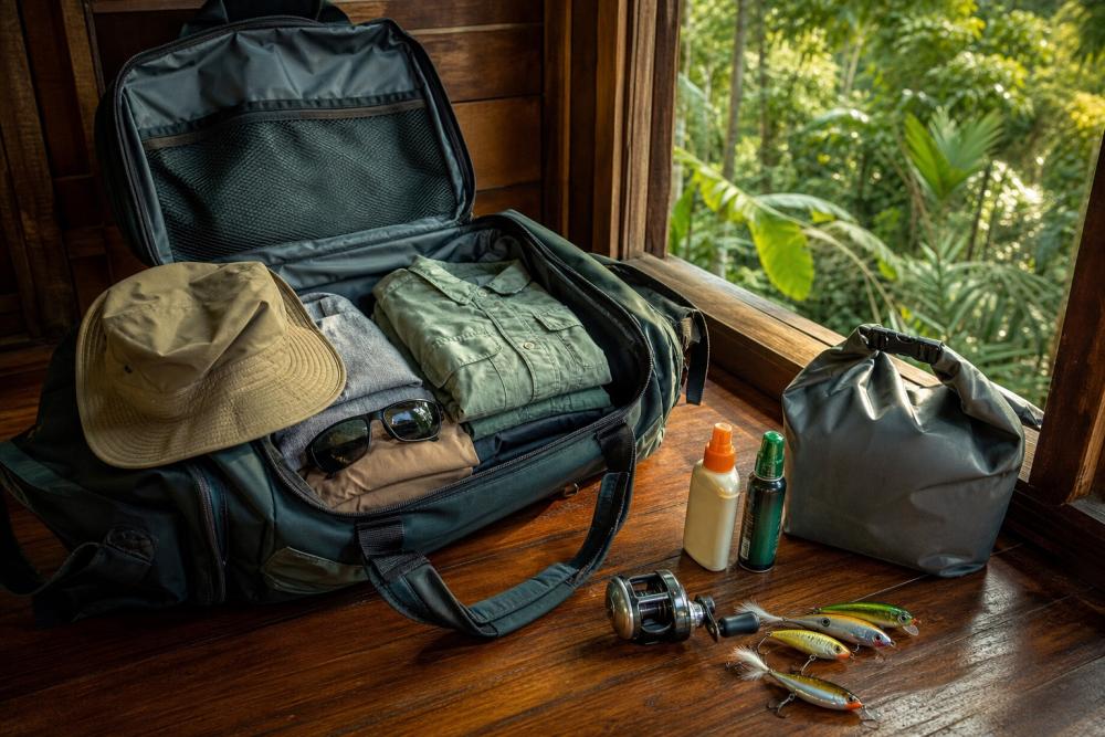 Mala de viagem sendo preparada com equipamentos e roupas para pescaria na Amazônia em lodge de selva