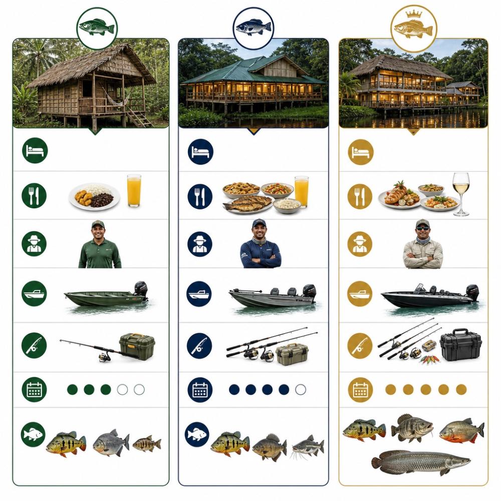 Infográfico comparando três tipos de pacote de pesca na Amazônia: econômico, standard e exclusivo