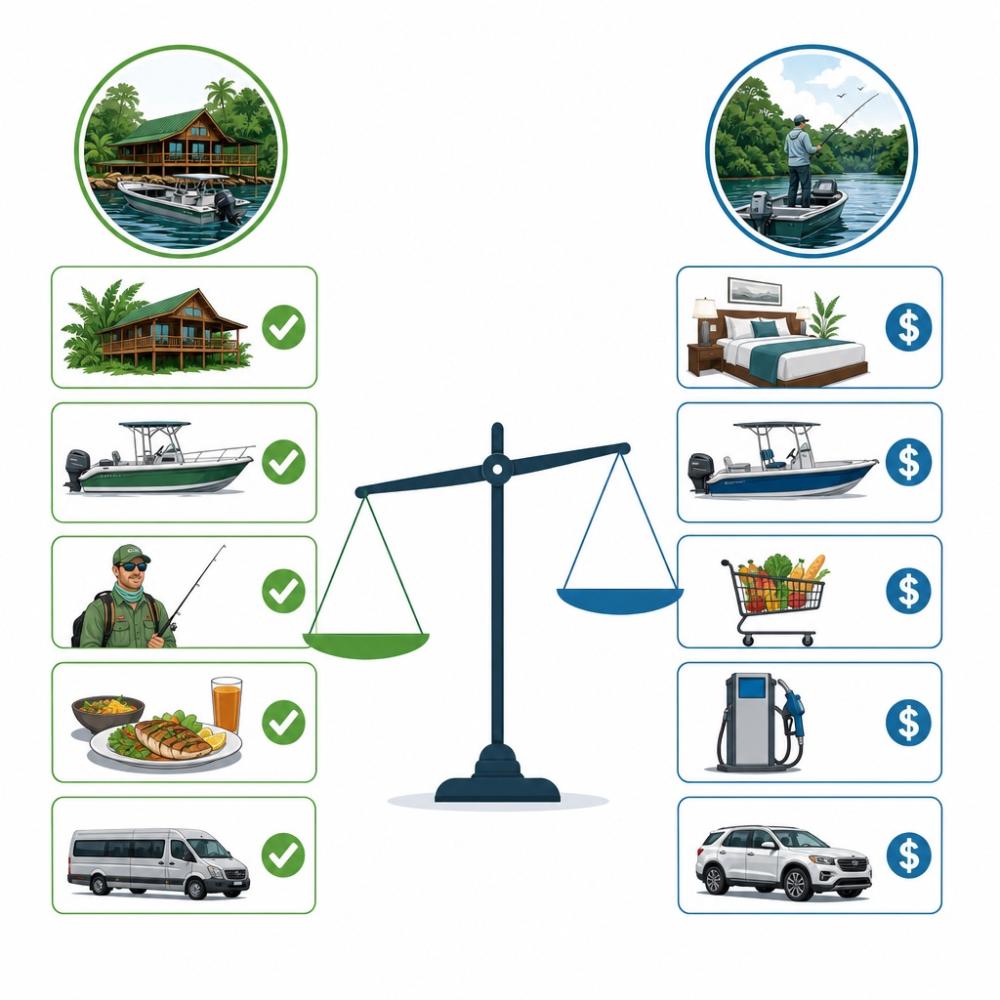 Infográfico comparando custos de pacote de pesca tudo incluso versus viagem avulsa