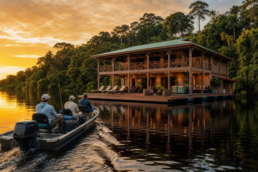Lodge flutuante de pesca esportiva em rio de água preta na Amazônia ao entardecer com barcos chegando