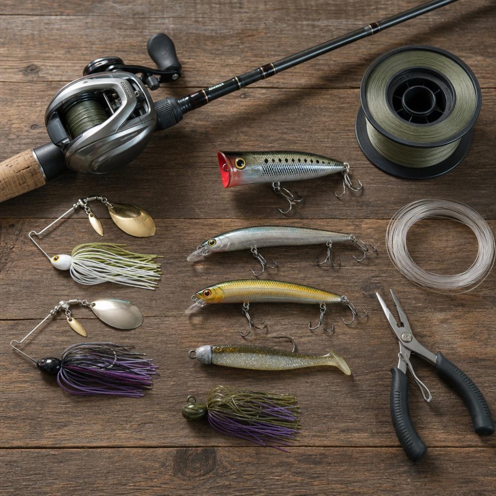 Equipamentos de baitcasting organizados: carretilha, vara, linha e iscas artificiais para pesca esportiva
