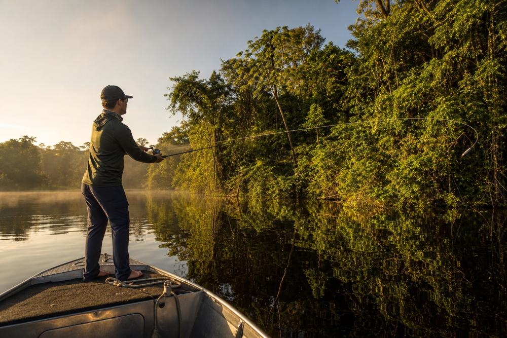 Pescador arremessando com carretilha baitcasting em rio de água preta na Amazônia ao amanhecer