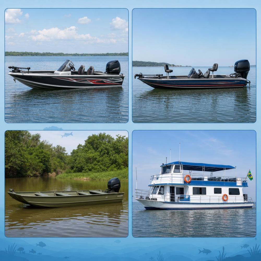 Infográfico comparativo com quatro tipos de barco para pesca esportiva no Brasil: voadeira, bass boat, chata e barco hotel