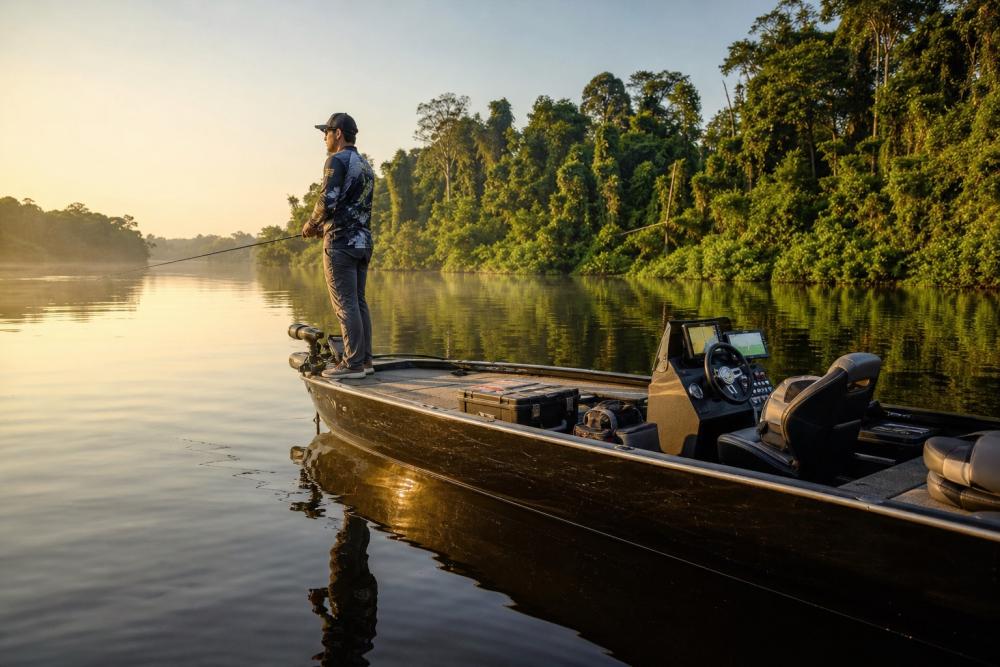 Barco bass boat de alumínio ancorado em rio de água preta na Amazônia com pescador preparado para a pesca esportiva
