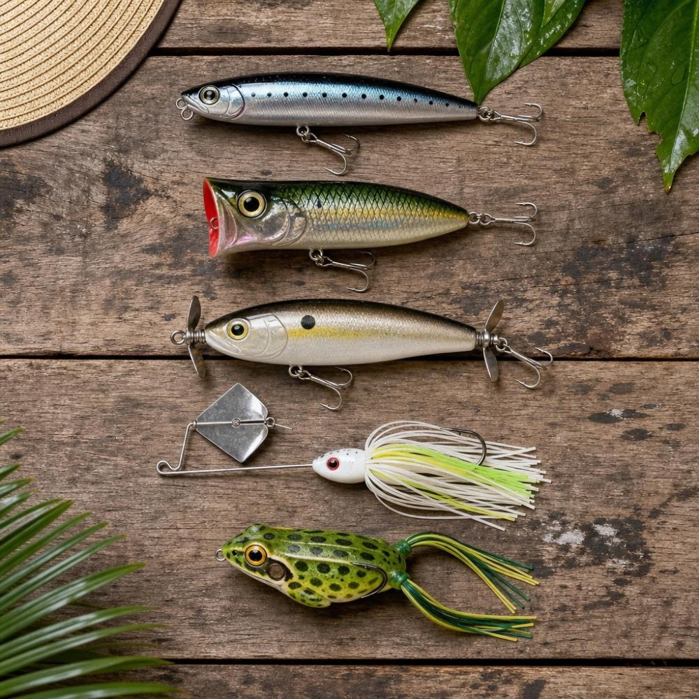Cinco tipos de iscas de superfície para pesca esportiva: zara, popper, hélice, buzz bait e frog
