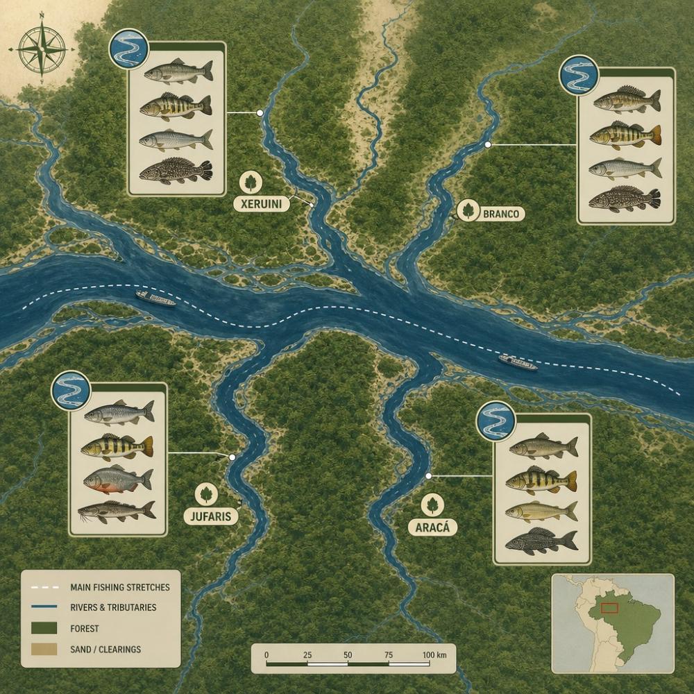Mapa ilustrado do Rio Negro com principais afluentes e pontos de pesca esportiva na Amazônia