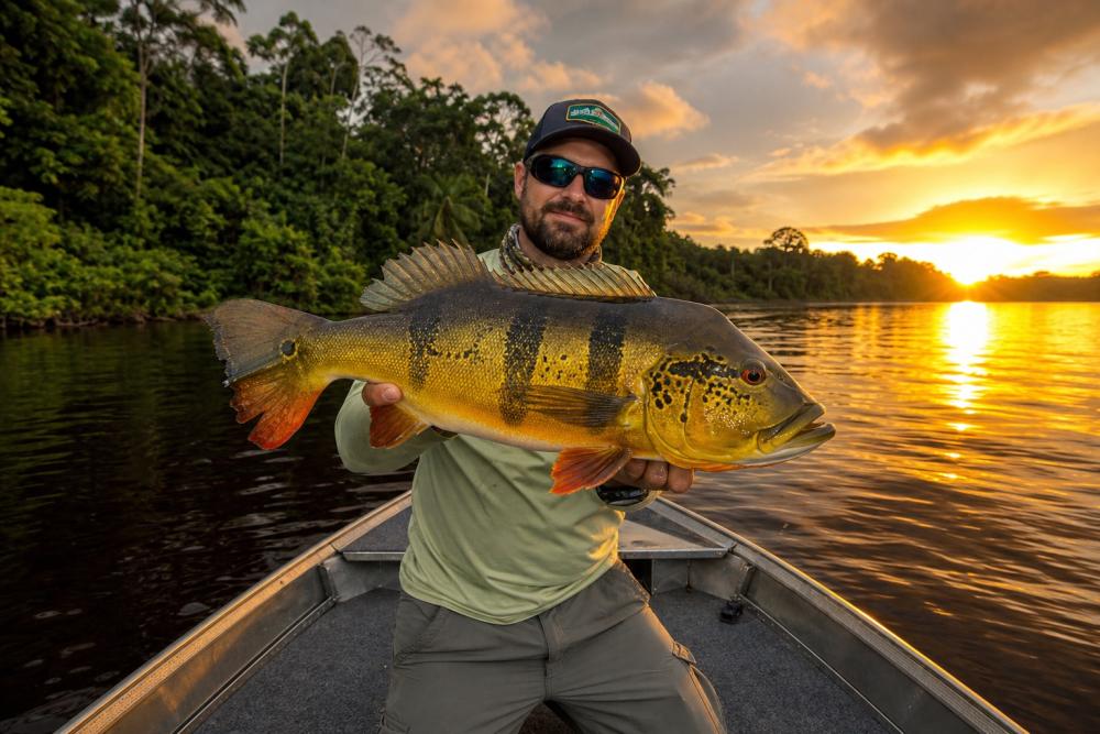 Pescador segurando um tucunaré-açu em barco de pesca esportiva no Rio Negro, Amazônia, ao entardecer