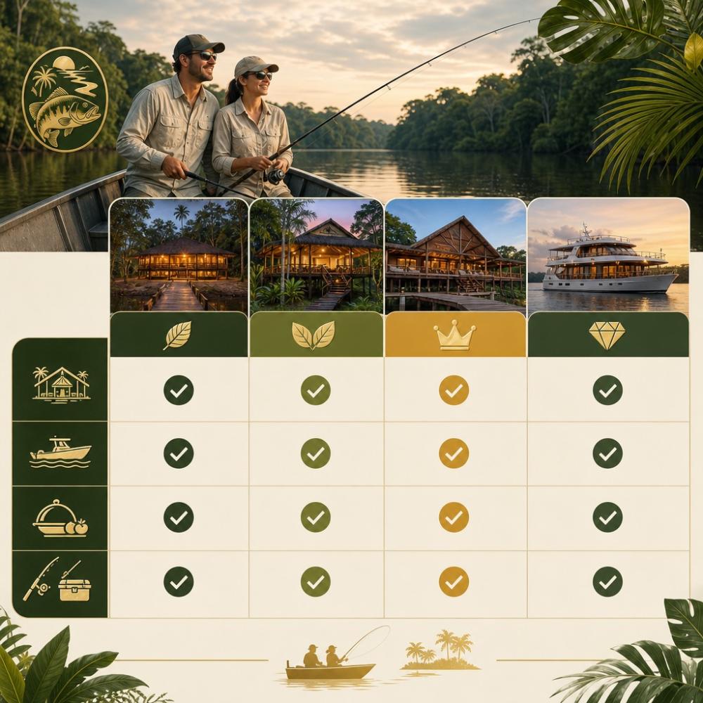 Infográfico comparativo de pacotes de pesca esportiva para casais na Amazônia