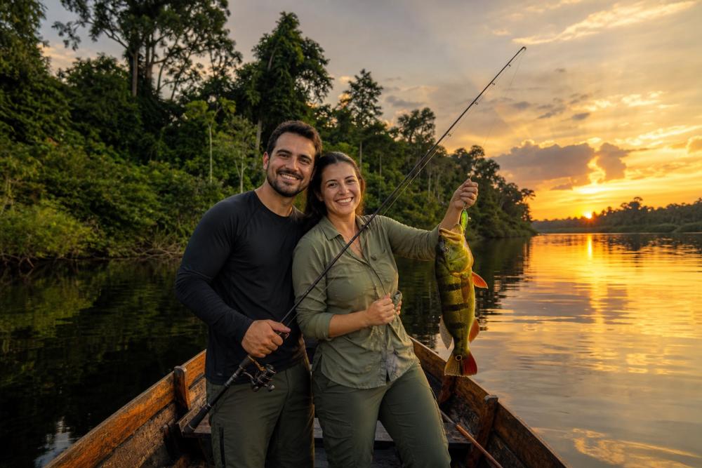 Casal sorrindo em barco de pesca no rio Amazonas ao pôr do sol segurando tucunaré