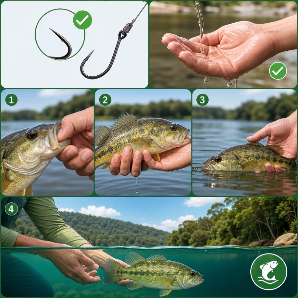 Infográfico com técnicas corretas de pesque e solte na pesca esportiva sustentável