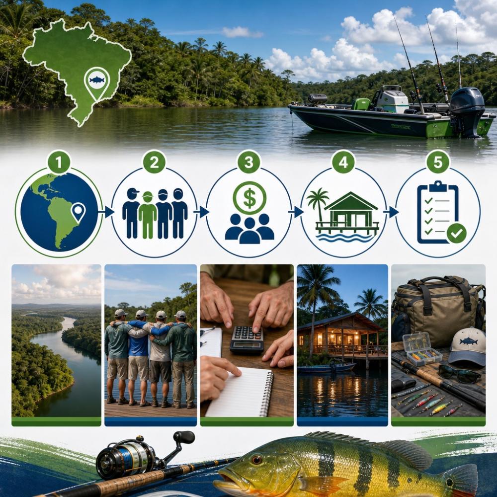 Infográfico com etapas para planejar uma viagem de pesca esportiva em grupo no Brasil